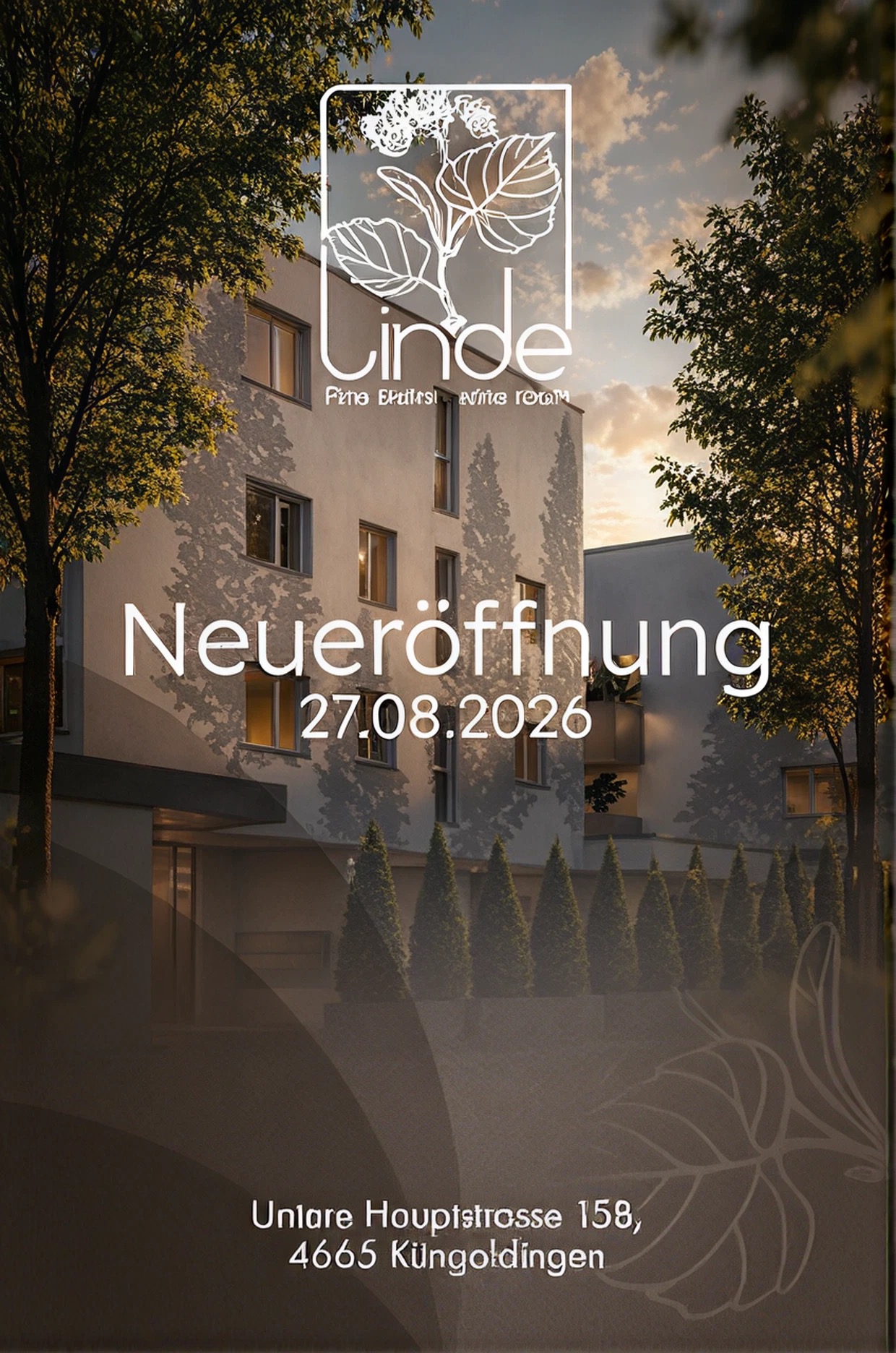 Lindenpark-Gebäude bei der Neueröffnung mit Logo und Datum