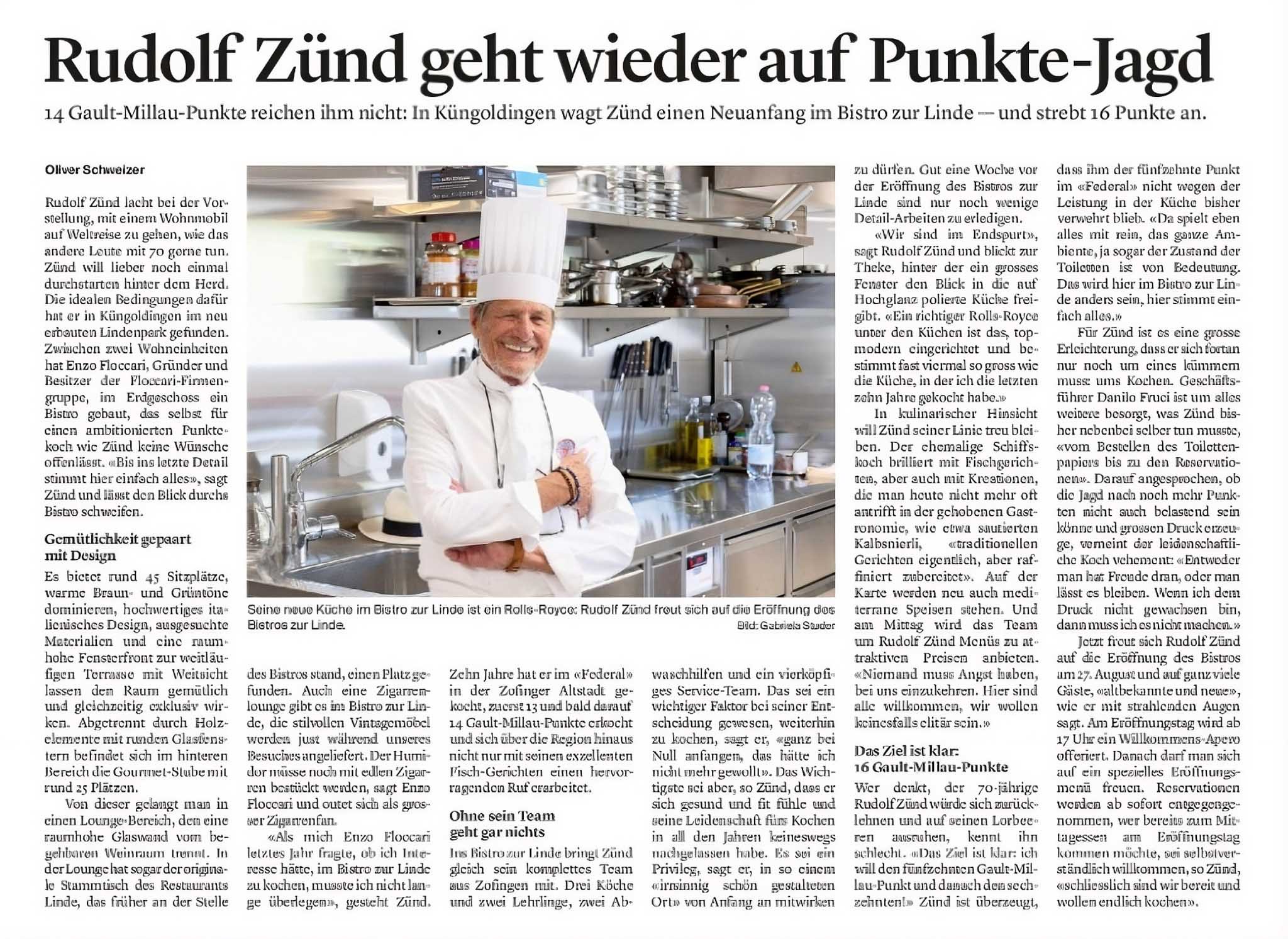 Zeitungsartikel über Rudolf Zünd und das Bistro zur Linde