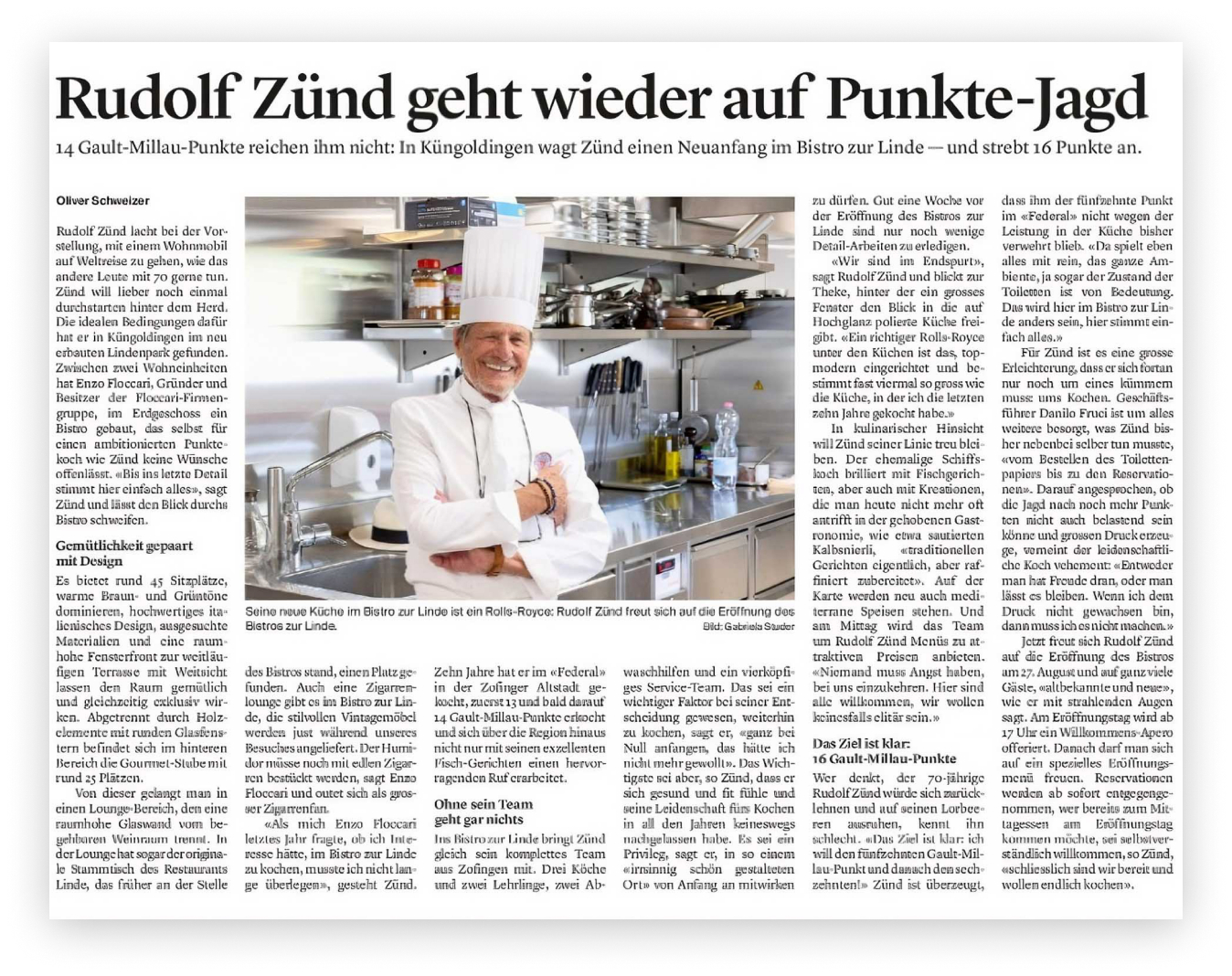 Zeitungsartikel über Rudolf Zünd und das Bistro zur Linde